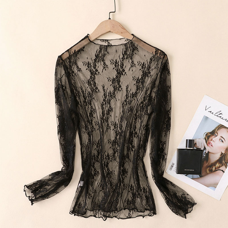 Chemises transparentes en dentelle pour femmes, élégantes, Sexy, manches longues, maille, tulles, Vintage, polyvalentes, à bascule transparente