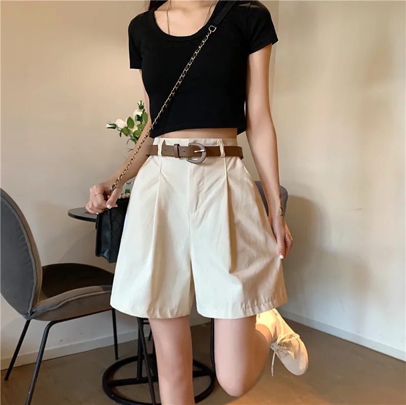 Shorts de travail pour femmes, taille haute, été, coupe large, avec ceinture, kaki, décontracté, en coton, style coréen, uni, avec poches