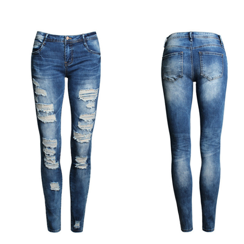 Femmes jean bleu mince déchiré jean pour femmes maigre en détresse lavé Stretch Denim maman jean taille haute pantalon Femme blanchi