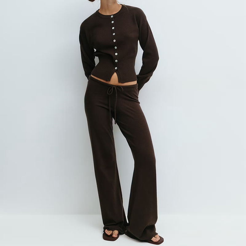 Ensemble 2 pièces pour femmes, vêtements de détente, pantalon, boutonné, manches longues, cardigan court, pull, taille basse, pantalon tricoté, tenues d'automne et d'hiver