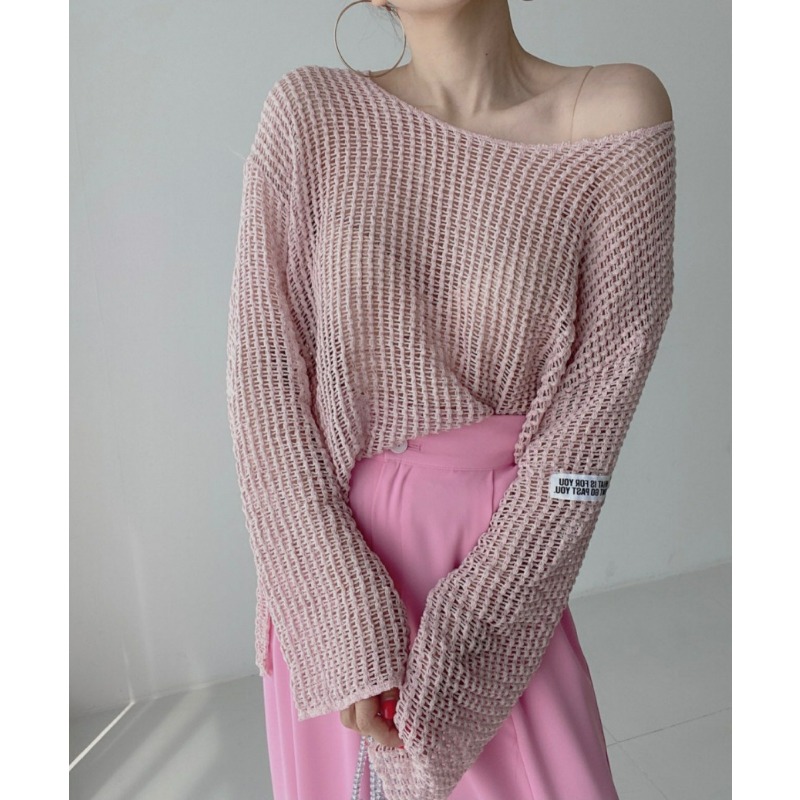 Mode coréenne creux voir à travers la crème solaire tricot couvre col rond ample décontracté femmes Blouse à manches longues Simple mince chemises