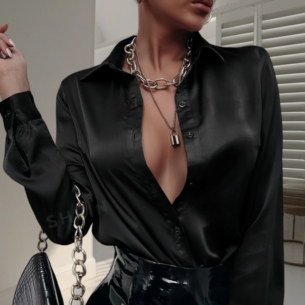    Femmes printemps été Blouses et chemises élégant Satin fausse soie à manches longues chemise décontractée hauts simple boutonnage hauts basiques