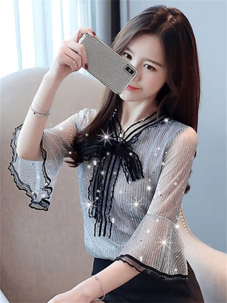 Chemisiers en Chiffon et Dentelle pour Femme, Style Printemps-Été, Décontractés, à Manches Courtes Évasées et Col Nœud Papillon, Blusas et Hauts