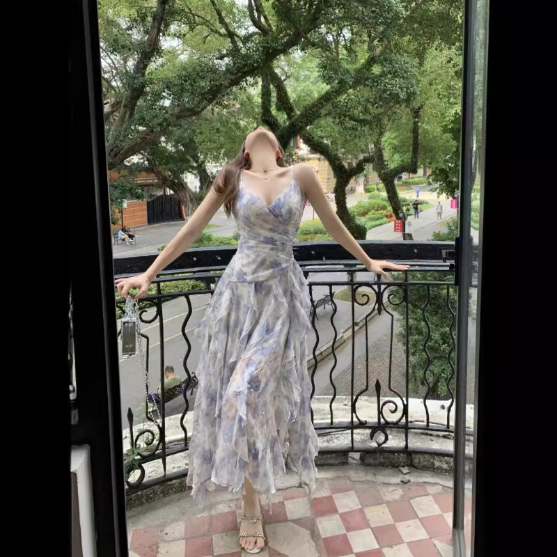 Robe longue imprimée Vintage pour femmes, sans manches, Slim, volants, en mousseline de soie, décontractée, coréenne, Y2k, bohème, Maxi, robe Плаalıе