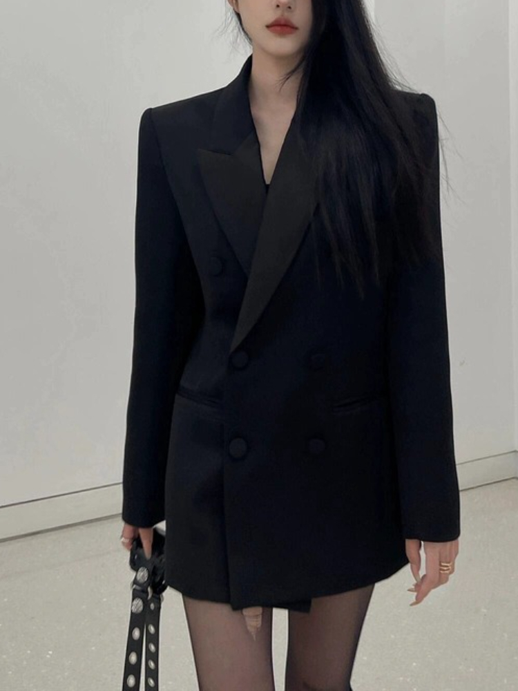 Mode coréenne élégant coupe ajustée Blazer manteau femmes col en v à manches longues Double boutonnage décontracté noir manteau bureau Style Blazers