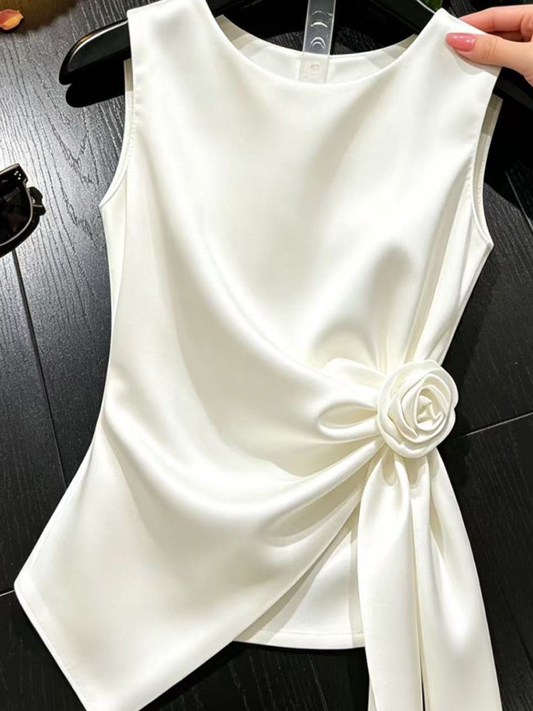Débardeurs en satin élégants et chics pour femmes, coupe ajustée, col rond, motif floral 3D, sexy, tendance, décontractés d'été, design uni, style Ins, haut sans manches