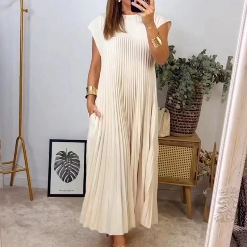 Robes pour femmes 2026 Nouvelle mode décontractée robe plissée sans manches à col rond automne printemps vêtements pour femmes vestidoes