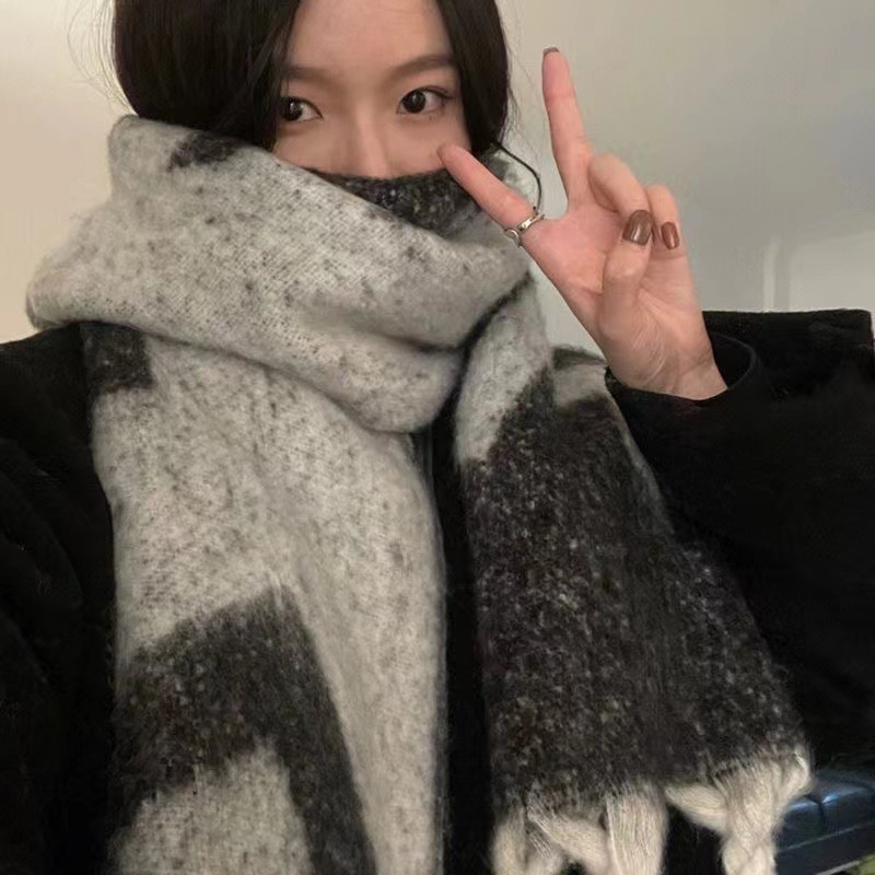Mode Mohair laine gland foulards chaud épais tresse frange Vintage épais châle doux charbon de bois gris longue écharpe hiver/automne