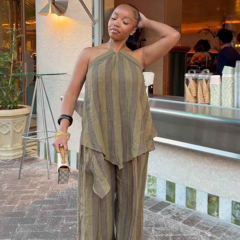 Ensemble deux pièces pour femmes, mode africaine, printemps-été, imprimé rayé, haut halter et pantalon large, tenue de vacances