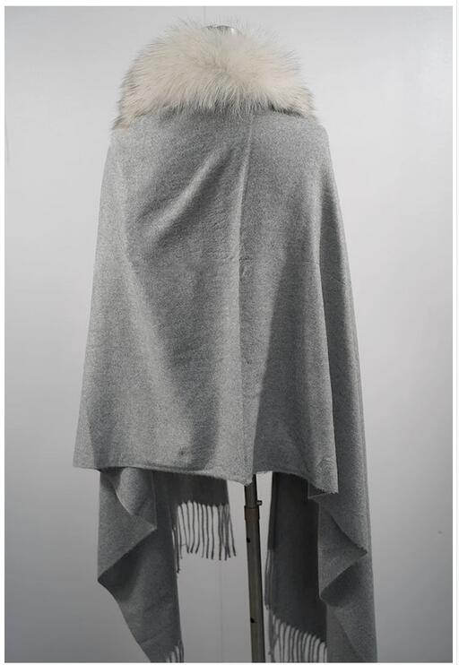 Écharpe de style long avec col en fourrure de renard véritable pour femme, châle moelleux, enveloppes d'hiver, 100% laine