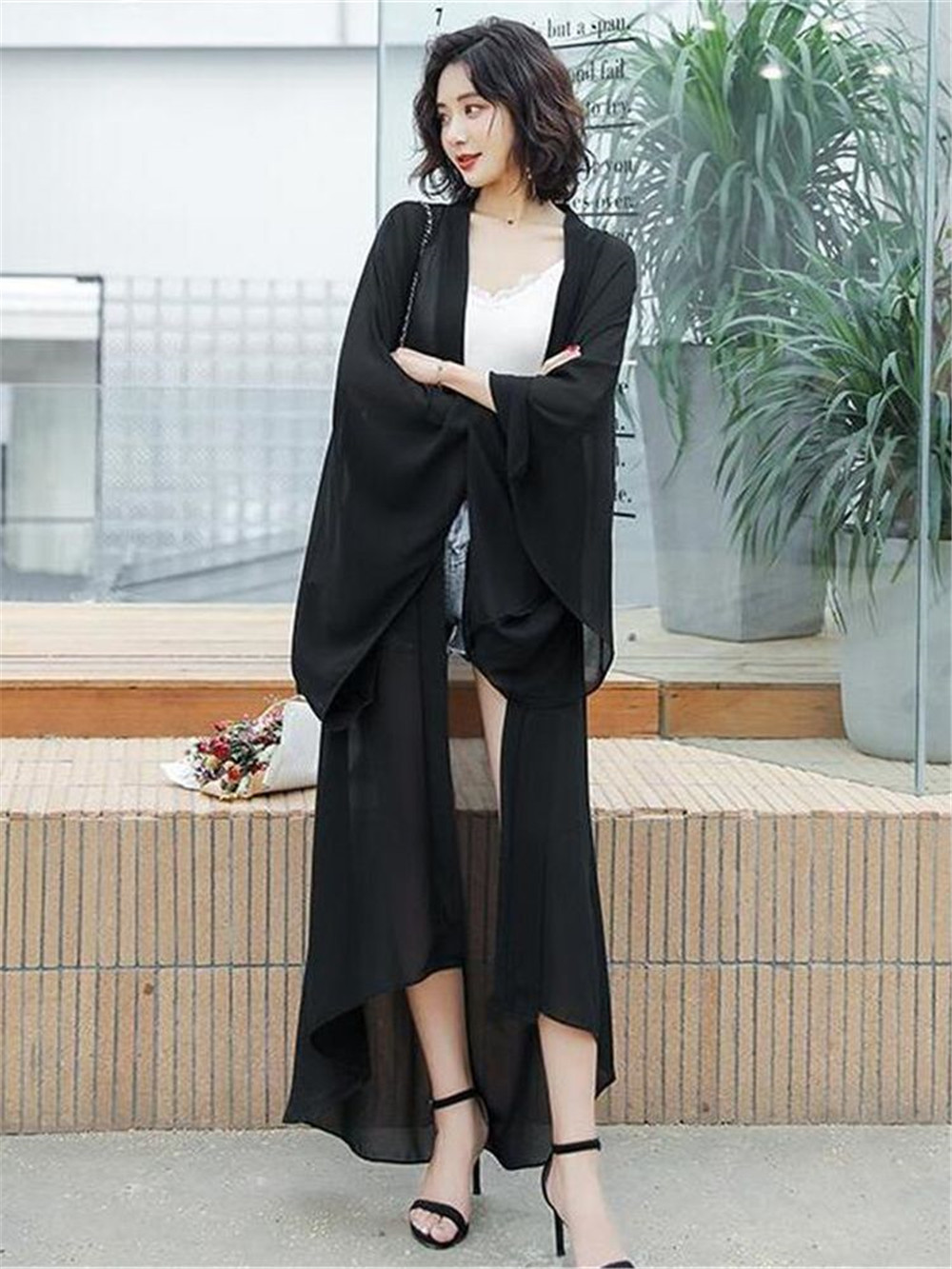 Kimono en mousseline de soie pour femme, cardigan blanc noir et rouge, protection solaire, manches longues chauve-souris, été