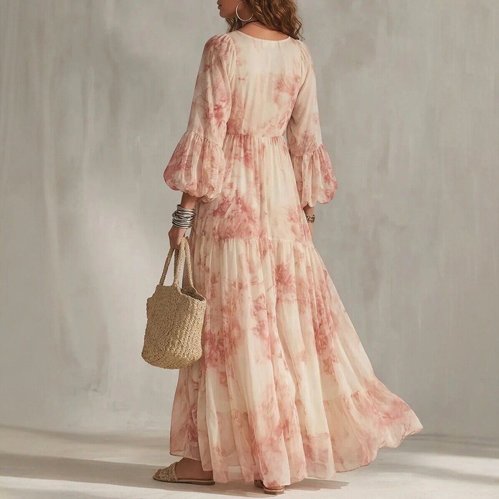 Robe longue bohème en mousseline imprimée florale pour femme, sexy, col en V profond, taille haute, manches bouffantes, élégante et fluide pour les vacances