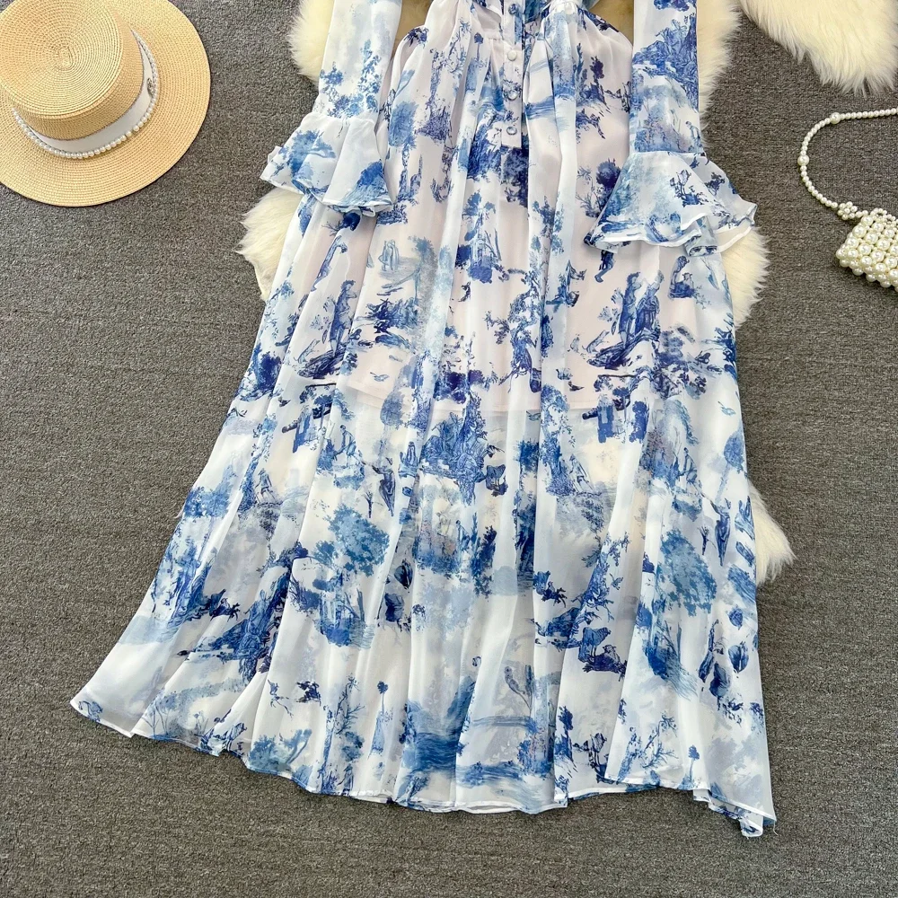 Robes longues en mousseline de soie pour femmes, style cour, imprimé floral, manches évasées, col montant, élégante, éducative, maxi, livraison directe