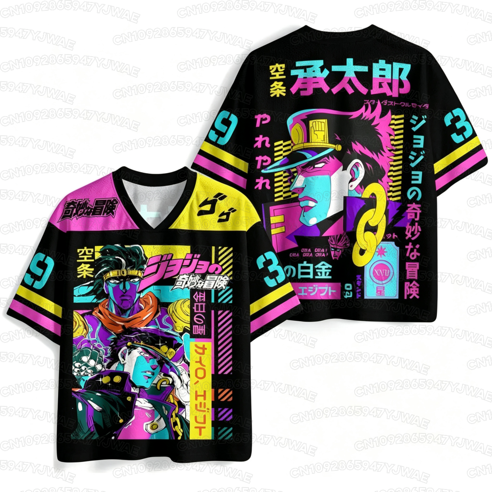 T-shirt court de sport respirant imprimé Harajuku à col en V pour hommes et femmes, motif anime populaire JOJO Jotaro Kujo, collection 2026