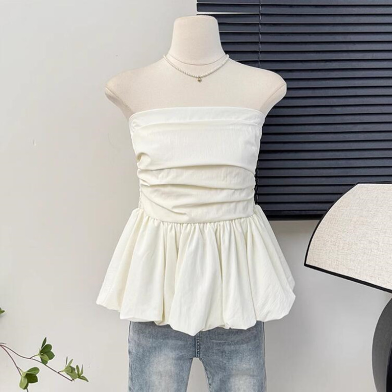 Femmes Camisole sans manches blanc noir gilet débardeurs volants dos nu culture hauts mince Sexy plissé épaules nues vêtements d'été