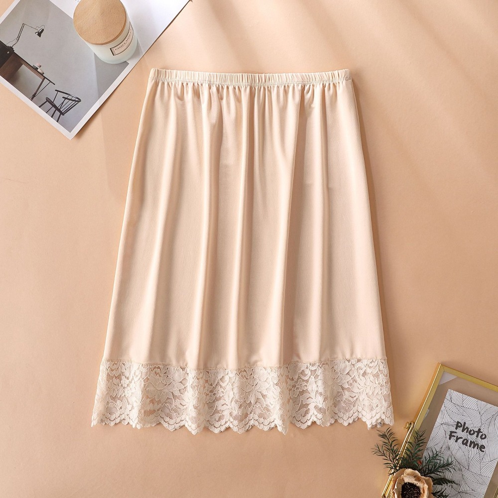 Jupe mi-longue en soie glacée fine pour femme, sous-jupe en dentelle anti-transparence, taille haute, maille élastique à motif floral