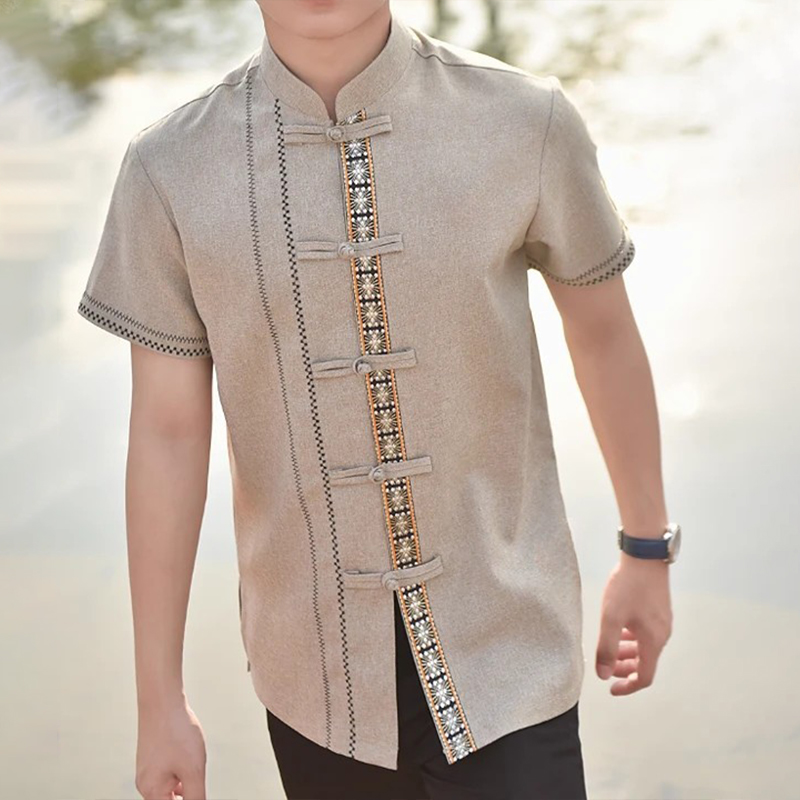 Chemises à col montant pour hommes, vêtements traditionnels Dai, hôtel, Restaurant, serveur, vêtements de travail, vêtements quotidiens, hauts ethniques vietnamiens thaïlandais