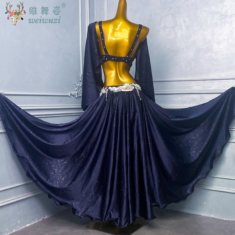 Ensemble de costumes de spectacle de danse du ventre pour femmes, soutien-gorge + jupe longue fendue en satin, 2 pièces, tenue de danse orientale personnalisée pour adultes et enfants