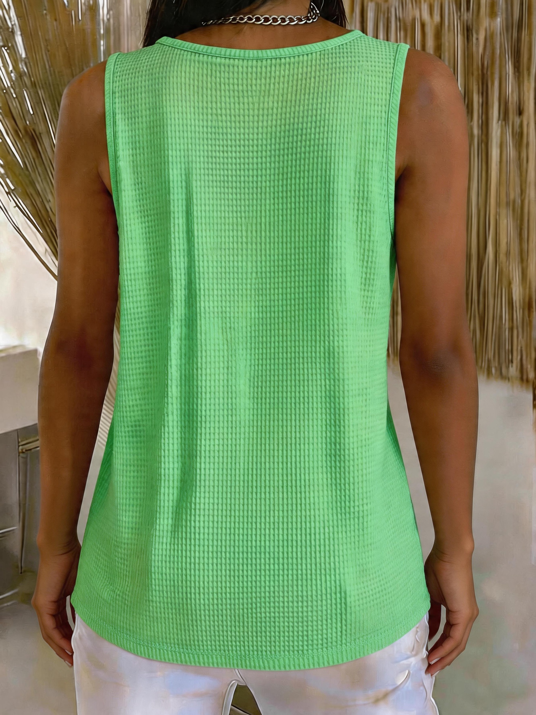 Débardeur Henley sans manches en tricot gaufré élastique uni pour femme grande taille, coupe ample, décontracté, basique, pour l'été et le quotidien