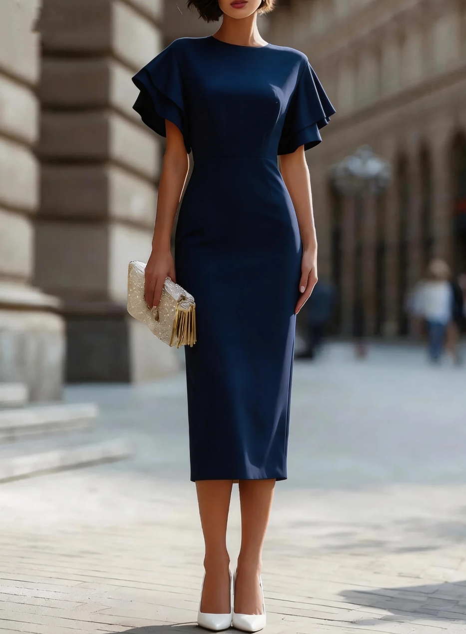 Robe midi élégante pour femme avec manches à volants, col rond et silhouette ajustée