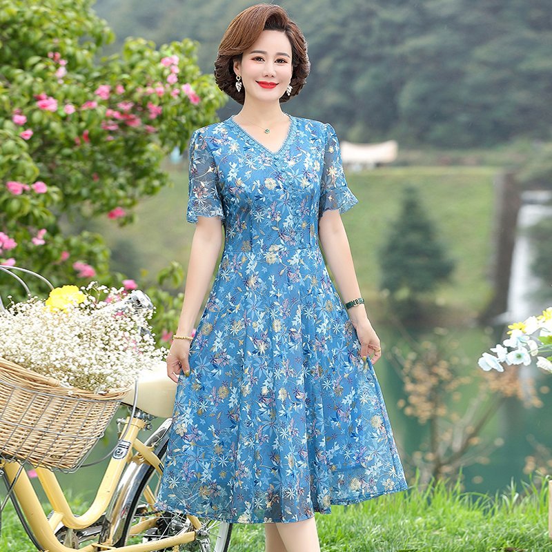 Robe imprimée plissée à manches courtes pour femmes d'âge moyen, robe vintage décontractée pour dames, col en V, robe éducative, été