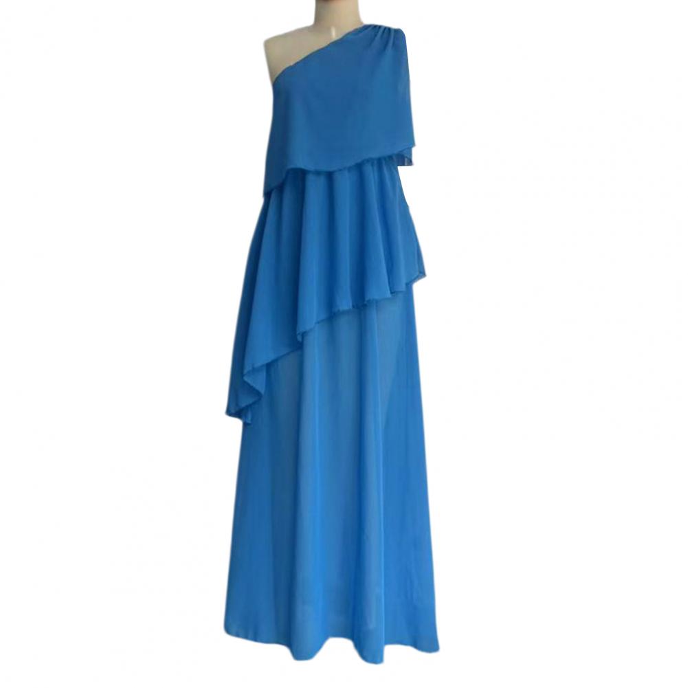 Robe Confortable en Mousseline de Soie à Volants Superposés pour Femme, Robe d'Été Asymétrique à Une Épaule, Robe de Plage Fluide, Tenue de Soirée Formelle ou de Bal