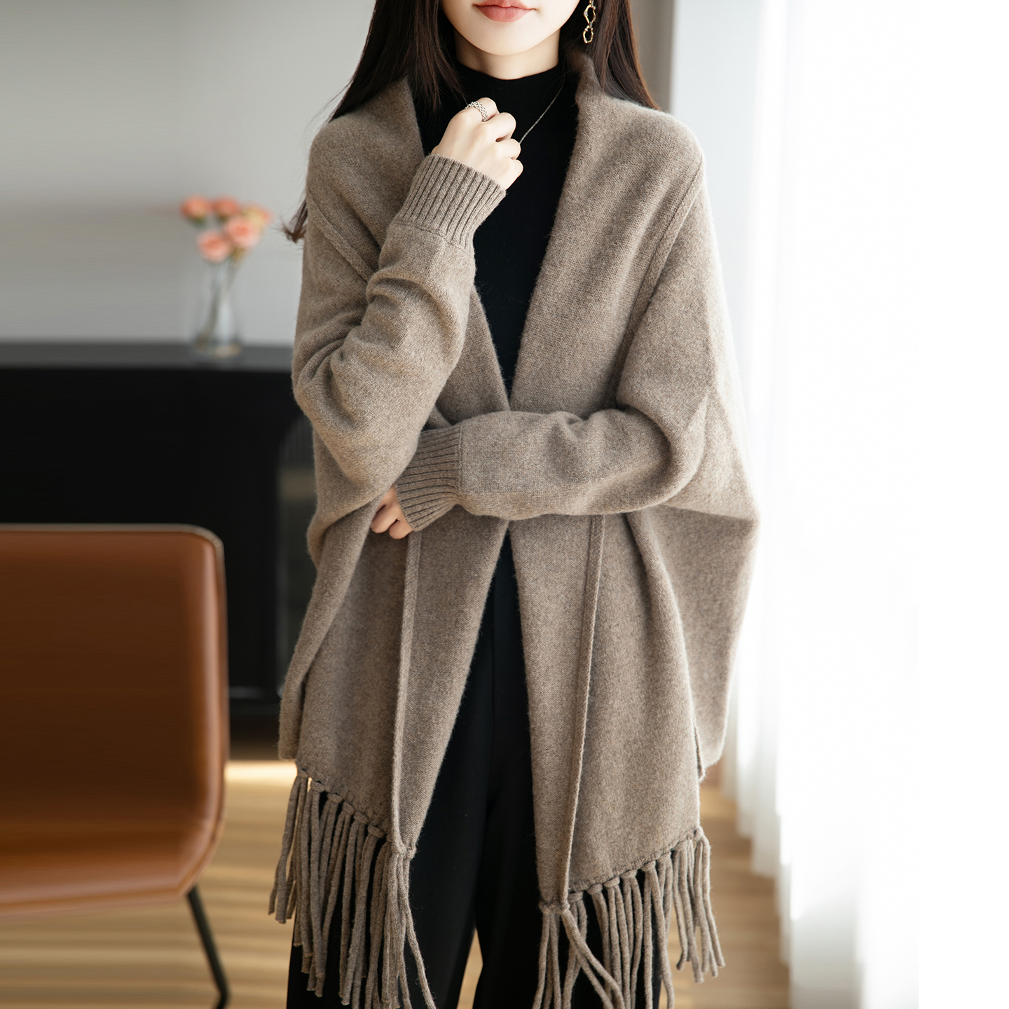 Châle à franges en laine mérinos pour femmes, vêtements d'automne, couleur unie, manches longues, ample, tricoté, à la mode, en cachemire, 100%