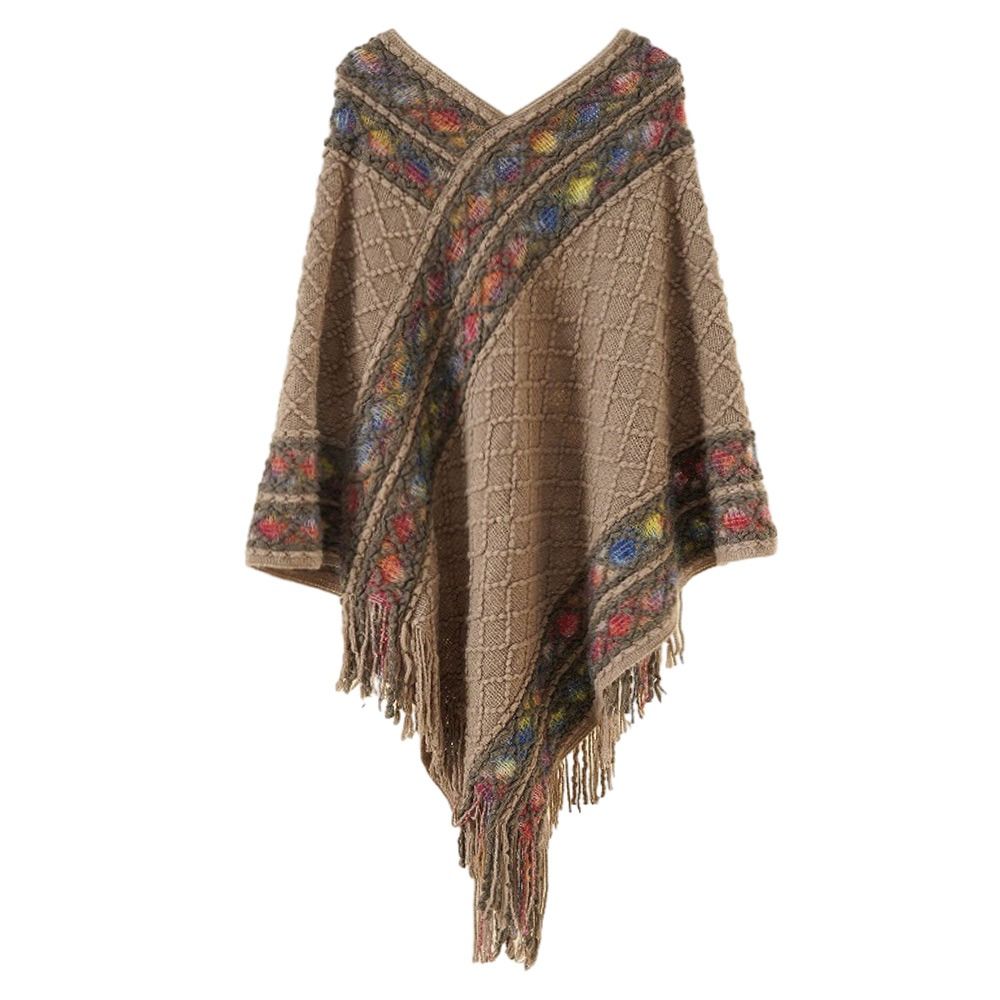 Poncho mongol chaud en peluche pour femme, Style ethnique, Imitation cachemire, rayures rhombiques, pompon, châle, enveloppes en tricot, mode hiver