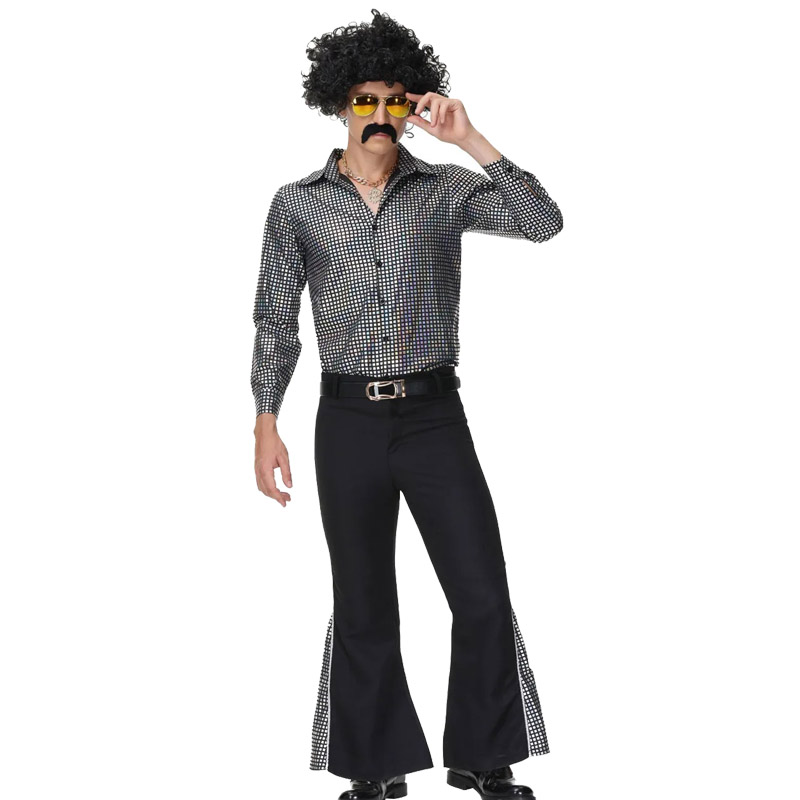 Costume d'halloween Hippie des années 60 et 70, pantalon à paillettes, chemise, hauts, bas de cloche, pantalon évasé pour hommes, tenue brillante de danse Disco pour chanteur