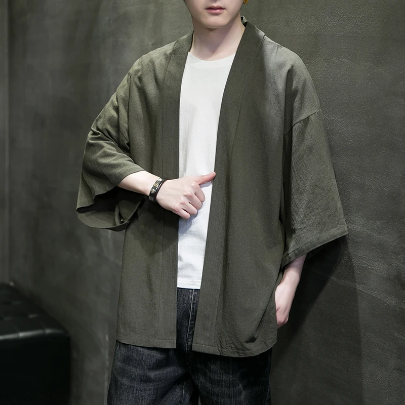 Vestes kimono pour hommes, cardigan léger et décontracté, mélange de coton, lin, sept manches, manteau ouvert sur le devant, vêtements d'extérieur