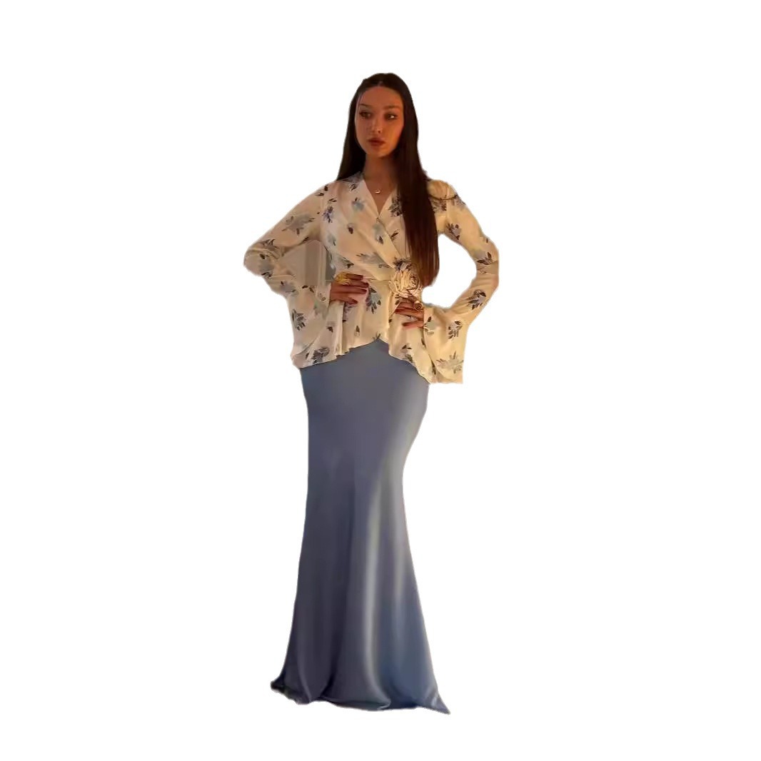 Femmes 2 pièces Ensemble musulman Blouse jupe fleur imprimé haut marocain dubaï Islam tenues 2025 arabe élégant Ensemble jupes longues costume