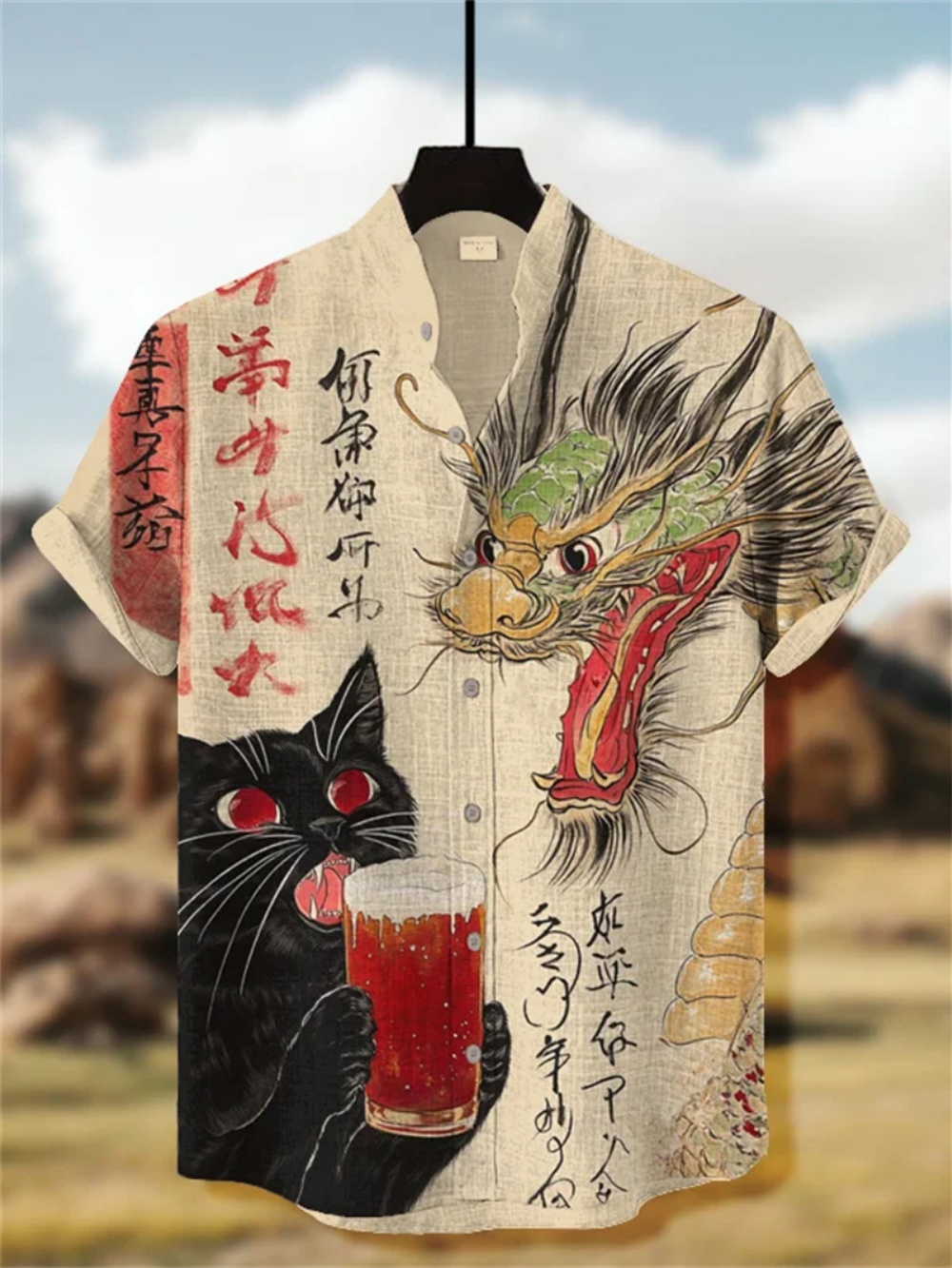 Chemise rétro en lin pour hommes, Kimono imprimé chat noir samouraï, manches courtes, vêtements respirants pour fêtes sociales, nouveau Style 2025