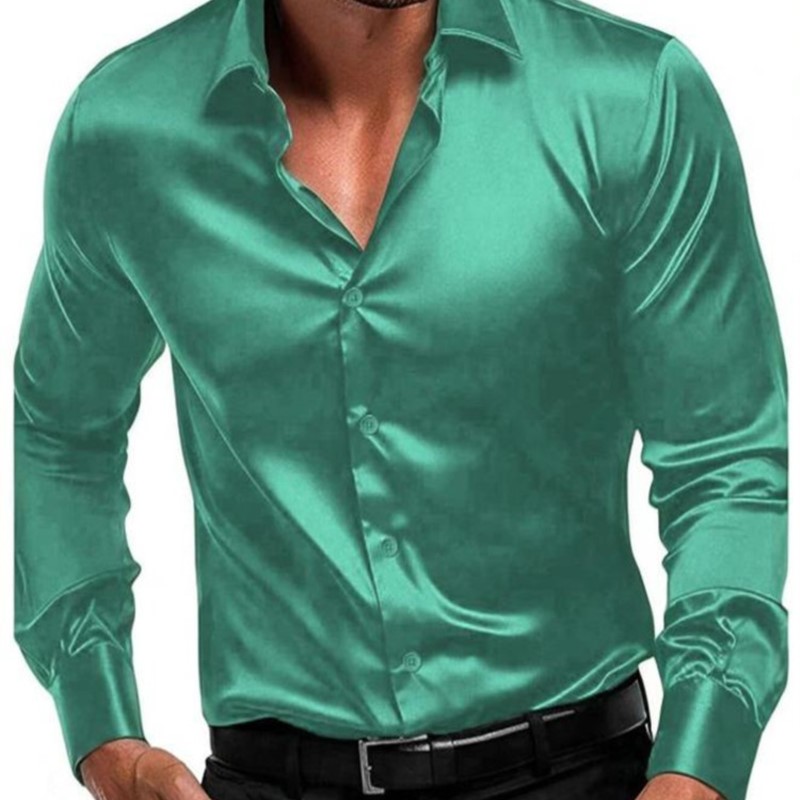 Chemises d'affaires décontractées en Satin de soie pour hommes, manches longues, simple boutonnage, boutons, col rabattu, vêtements de fête de mariage, chemisier