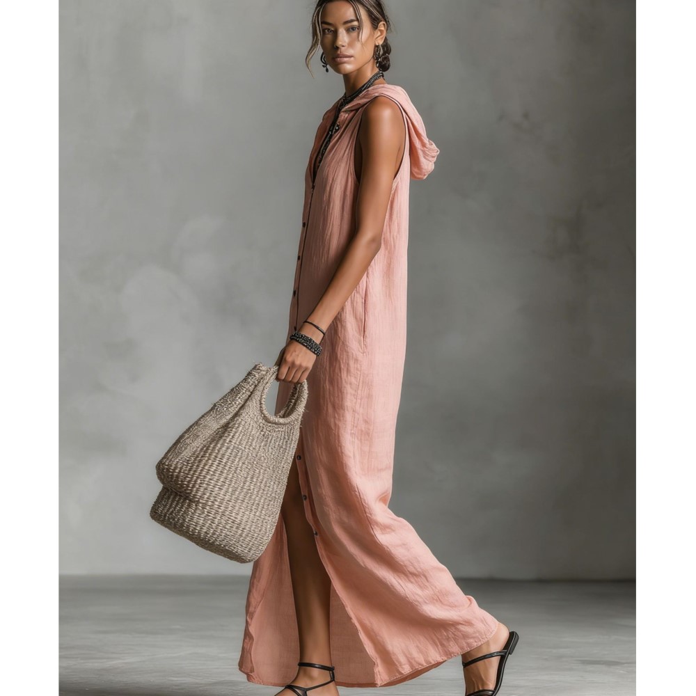 Robe longue décontractée à capuche pour femme, nouvelle mode estivale, élégante, sans manches, ajustée, à bouton unique, collection 2026