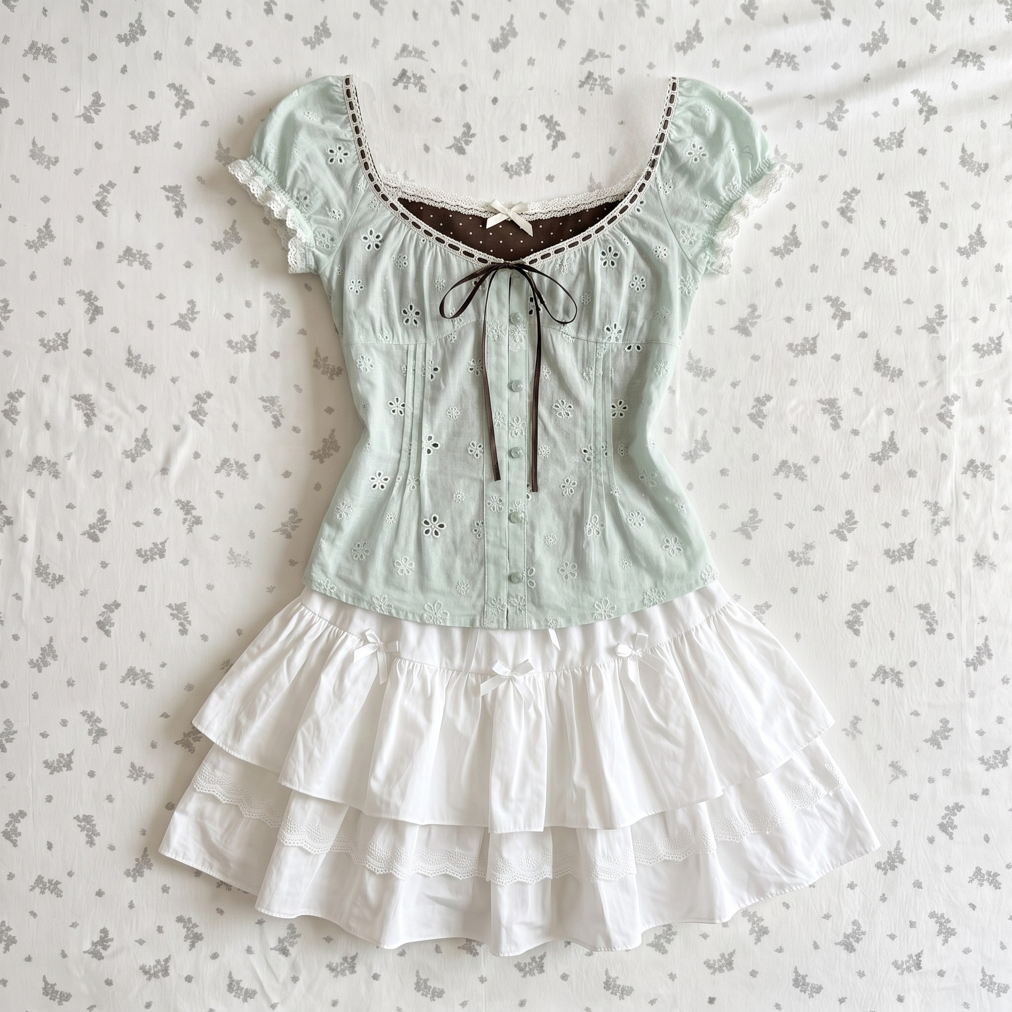 Tenue japonaise en deux pièces, haut à manches courtes et col carré en dentelle + mini-jupe Y2K Harajuku Lolita Kawaii, costume streetwear