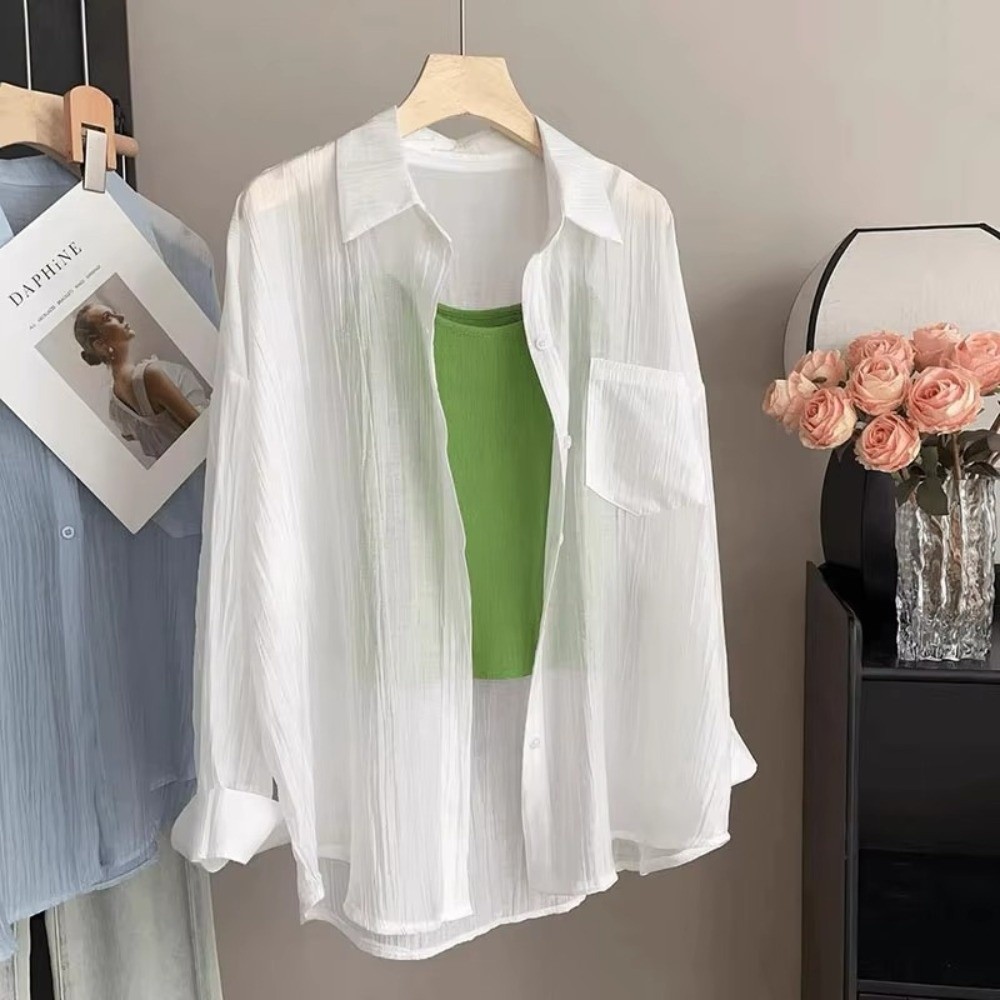 Chemise ample anti-UV à manches longues en soie glacée légère, chemisier en mousseline transparente résistant au soleil