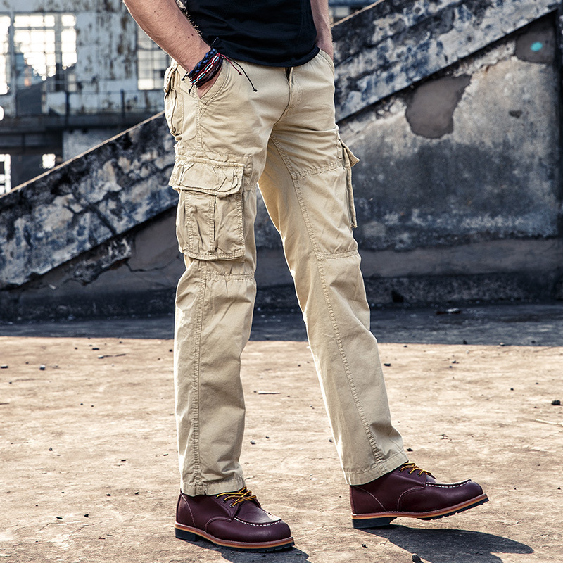 Pantalons décontractés hommes jambe droite coton Cargo pantalon mâle Multi poche travail vêtements de pêche Style militaire été printemps kaki noir