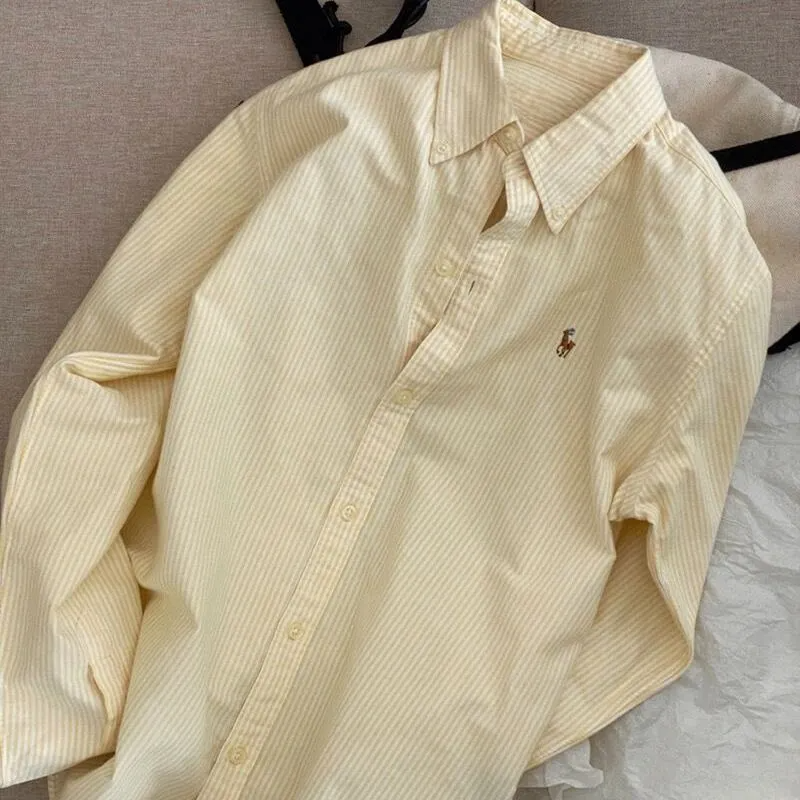 Chemisier rayé jaune décontracté pour femme, coupe ample, à manches longues, boutonné, pour le printemps et l'automne