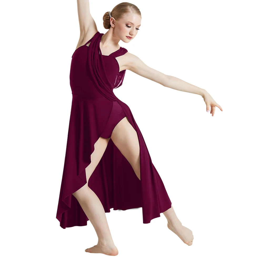 Costumes de danse lyrique pour femmes adultes, jupe longue fendue sur le côté, drapé asymétrique au dos, ballerine moderne, spectacle de danse sur scène