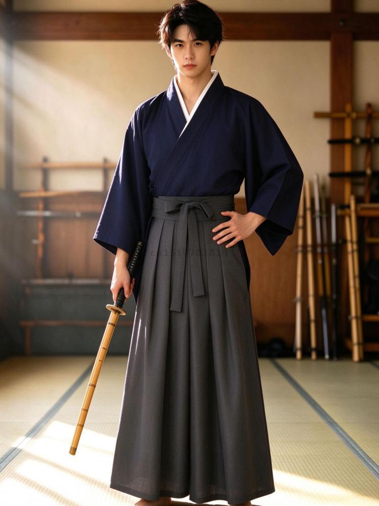 Ensemble kimono japonais pour homme, hakama, samouraï, kendo, col croisé, manches larges, bleu marine, rouge vin, gris, cosplay traditionnel, Halloween, coton