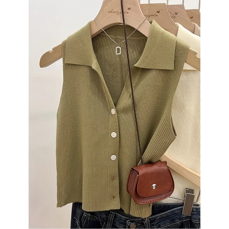 Nouvelle collection été 2026 – Gilet décontracté en maille pour femme, col rabattu, sans manches, boutonnage simple, couleur unie