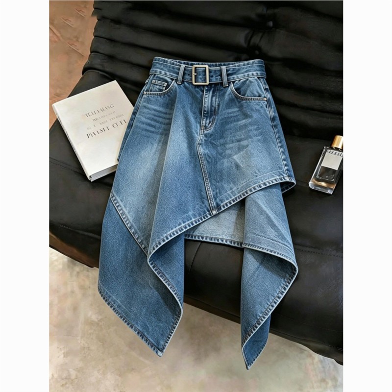 Nouvelle jupe amincissante en jean délavé, jupe mi-longue irrégulière pour femmes, été