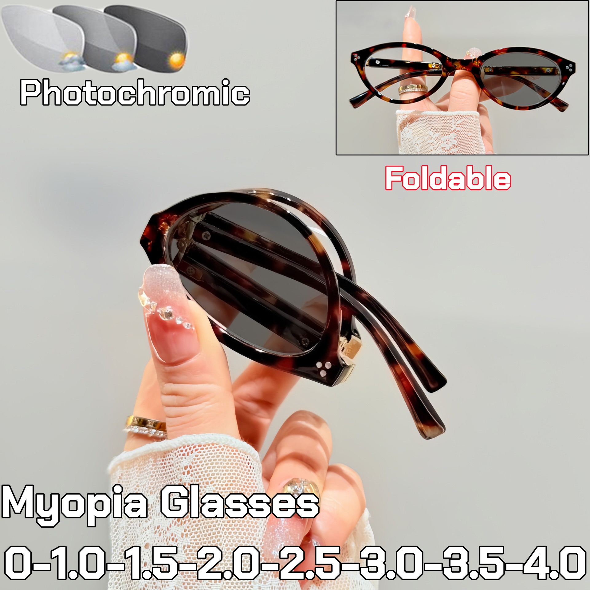 Lunettes de myopie photochromiques pliables à monture ovale pour femmes, portables, ultralégères, anti-lumière bleue, à changement de couleur, pour la vue de près