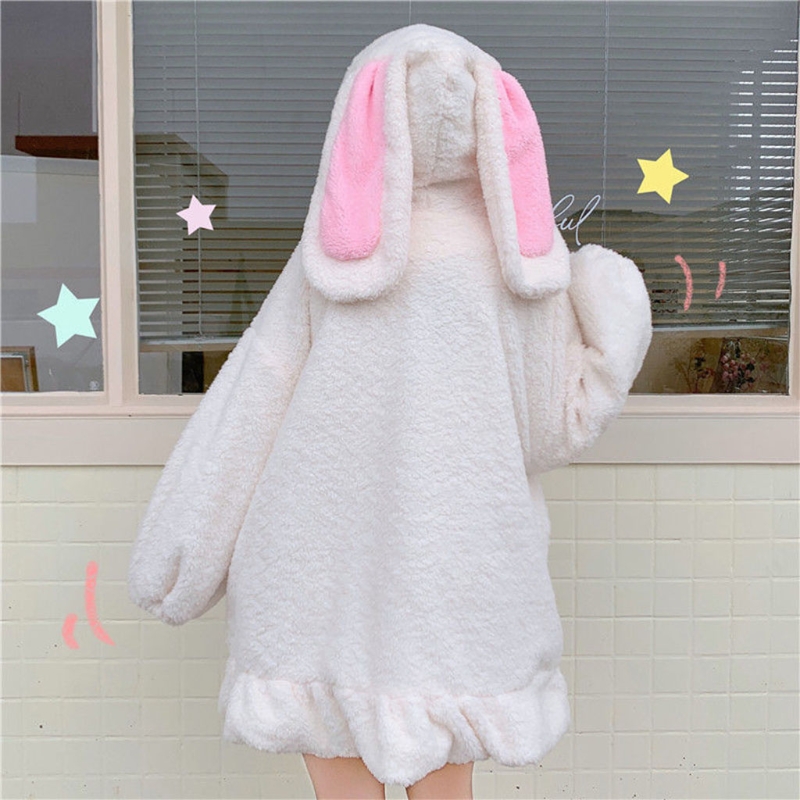 Veste d'hiver à capuche pour femme, Cardigan à manches longues, duveteux, Harajuku, Kawaii, oreilles de lapin, fermeture éclair, manteau en peluche, vêtements chauds à volants, 2021