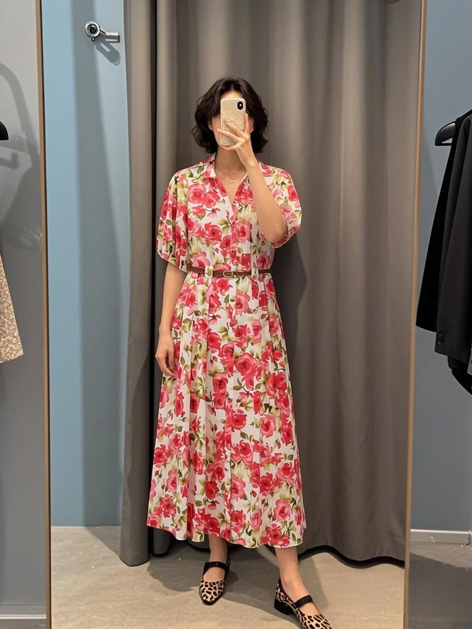 Robes pour femmes, mode féminine d'été, robe à imprimé floral, robe slim avec ceinture, robe chic pour femme, taille haute, col en V, manches courtes bouffantes