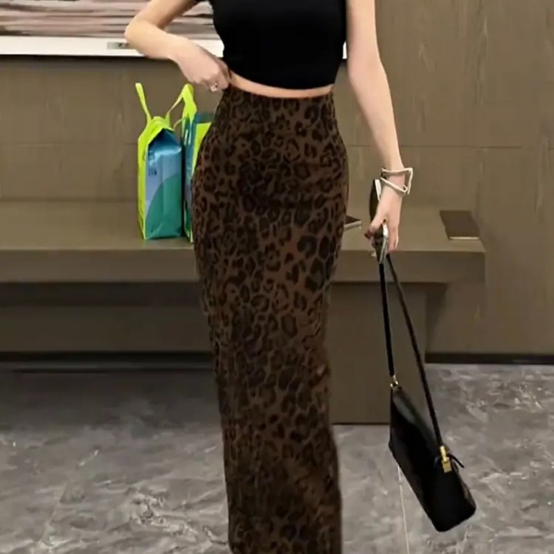 Jupe imprimée léopard pour femmes, Sexy et élégante, fente aux hanches, mi-longue, Style rétro, jupe extensible à la mode, automne hiver