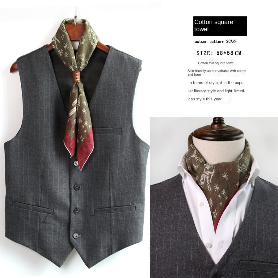 Écharpe artistique rétro en coton et lin pour hommes, écharpe coréenne printemps automne hiver, écharpe Hip Hop Style de rue, petite serviette carrée