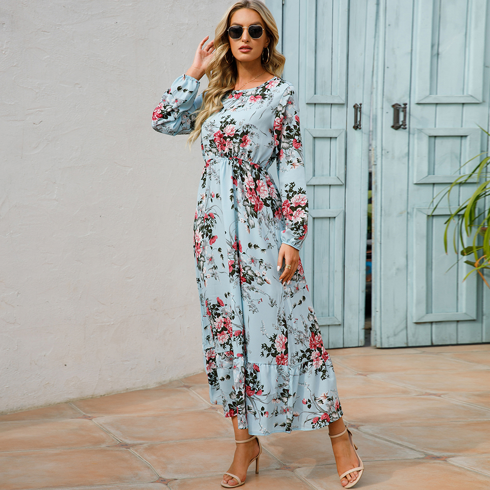 Robe longue en mousseline de soie pour femmes, style bohème décontracté, manches longues, taille haute, pour la plage, motif floral, automne