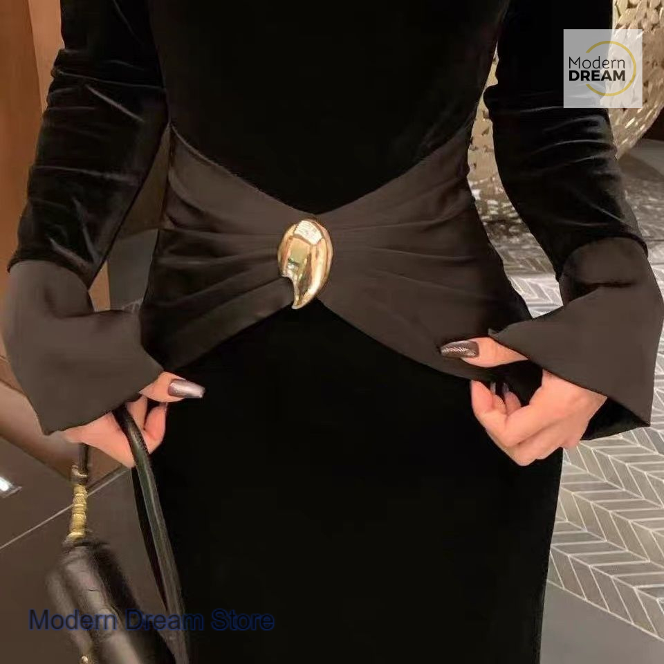 Robe coréenne noire de style palais pour femme, nouvelle mode printemps-automne, jupe en velours à coutures discrètes, élégante et amincissante