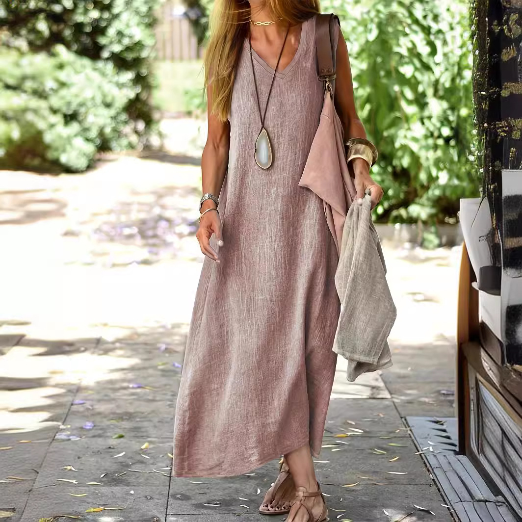 Robes pour femmes 2026 Nouvelles robes longues amples sans manches en coton et lin de couleur unie pour l'été Vêtements pour femmes Vestidos